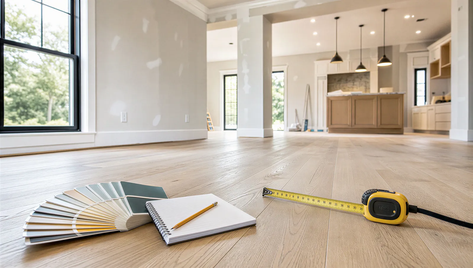 Bright American living room mid-renovation with tools and materials laid out